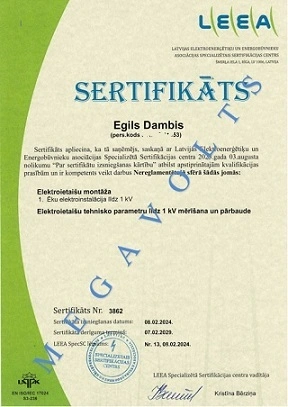 Sertifikāts – elektroinstalācijas mērījumu pārbaude, Egils Dambis, LEEA