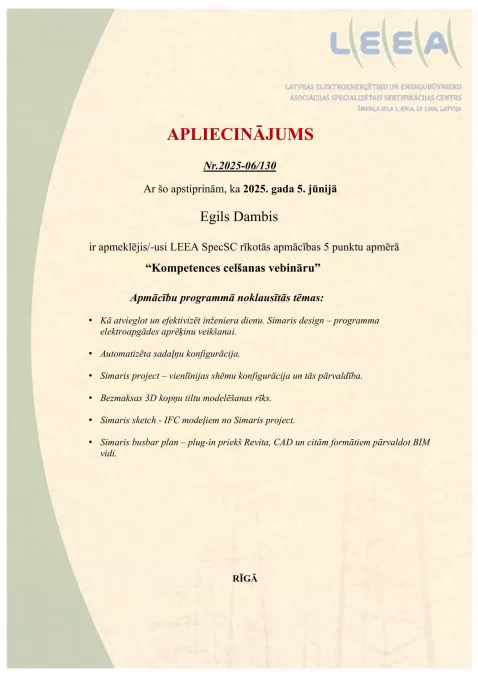 Apliecinājums par kursu pabeigšanu – LEEA, Egils Dambis