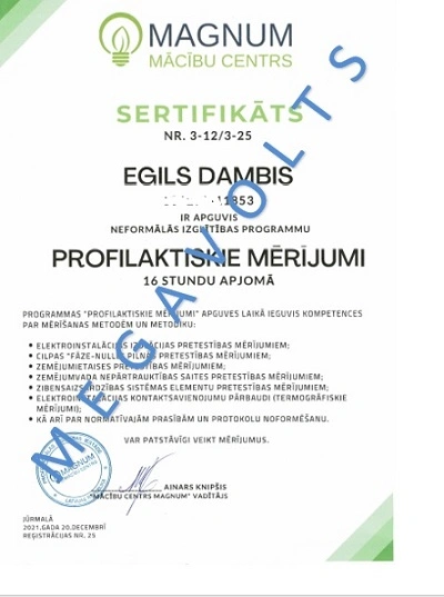 Sertifikāts par profilaktiskiem mērījumiem – Egils Dambis, MAGNUM Mācību centrs