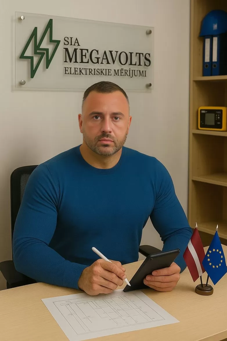 SIA Megavolts vadītājs savā birojā ar Latvijas un ES karodziņiem – uzņēmuma kontakti un profesionalitātes apliecinājums.